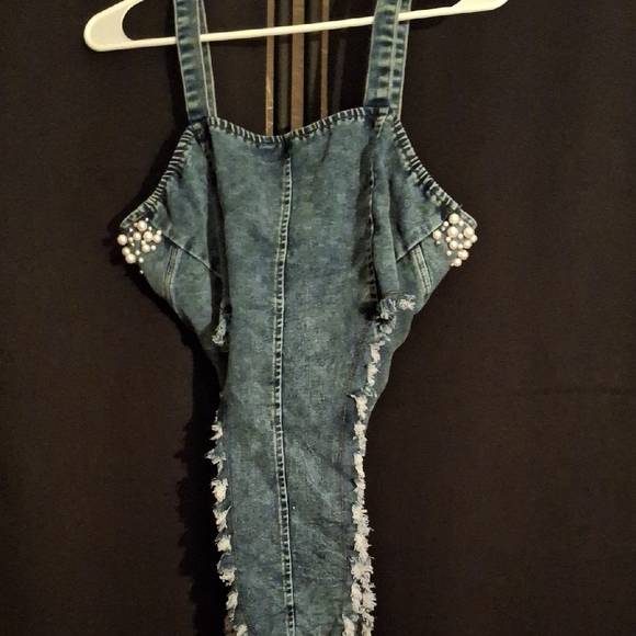 Aura Blue Denim Women's TOP with Pearl Accents - Picture 6 of 7